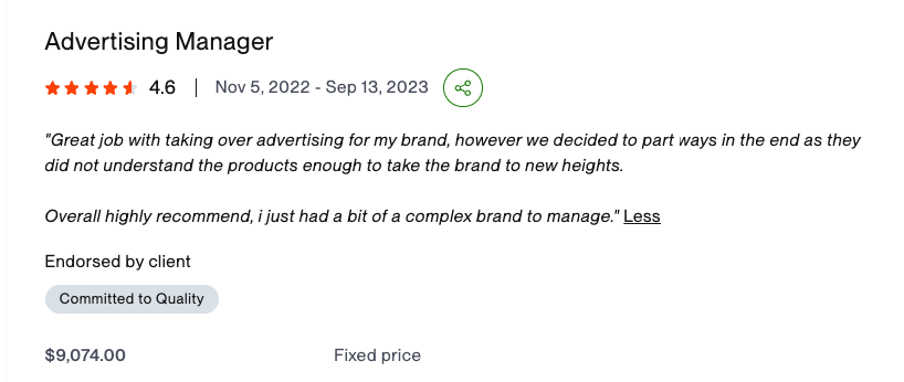 Upwork review for Advertising Manager role, 4.6 rating