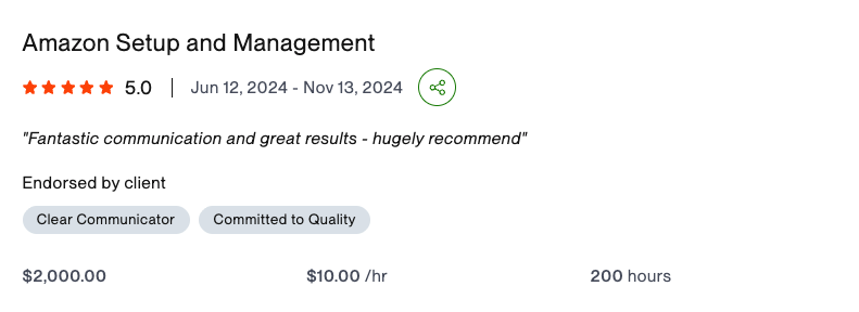 Upwork review for Amazon setup and management, 5.0 rating