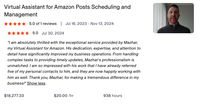 Upwork review for Amazon Posts scheduling and management, 5.0 rating