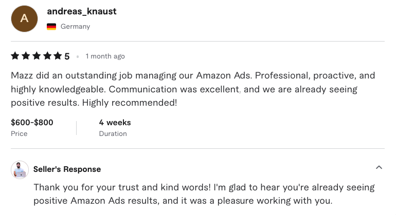 Fiverr 5 star review from andreas_knaust about Amazon Ads management