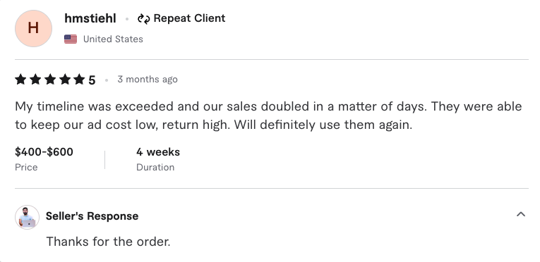Fiverr 5 star review from hmstiehl about sales doubling